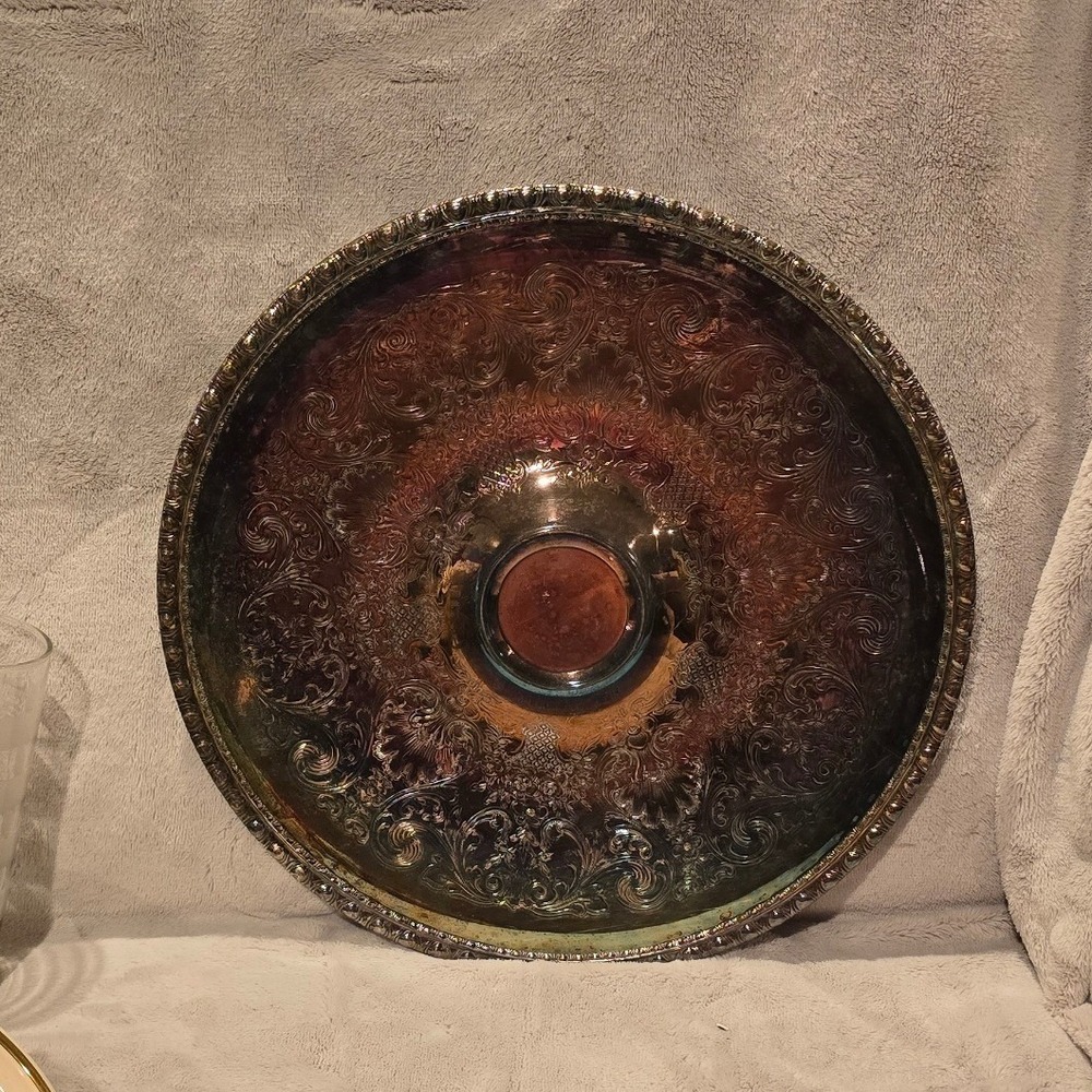 Rogers & Bro 1766 Silverplate Round Platter Ornate Scroll Floral Tarnish Patina